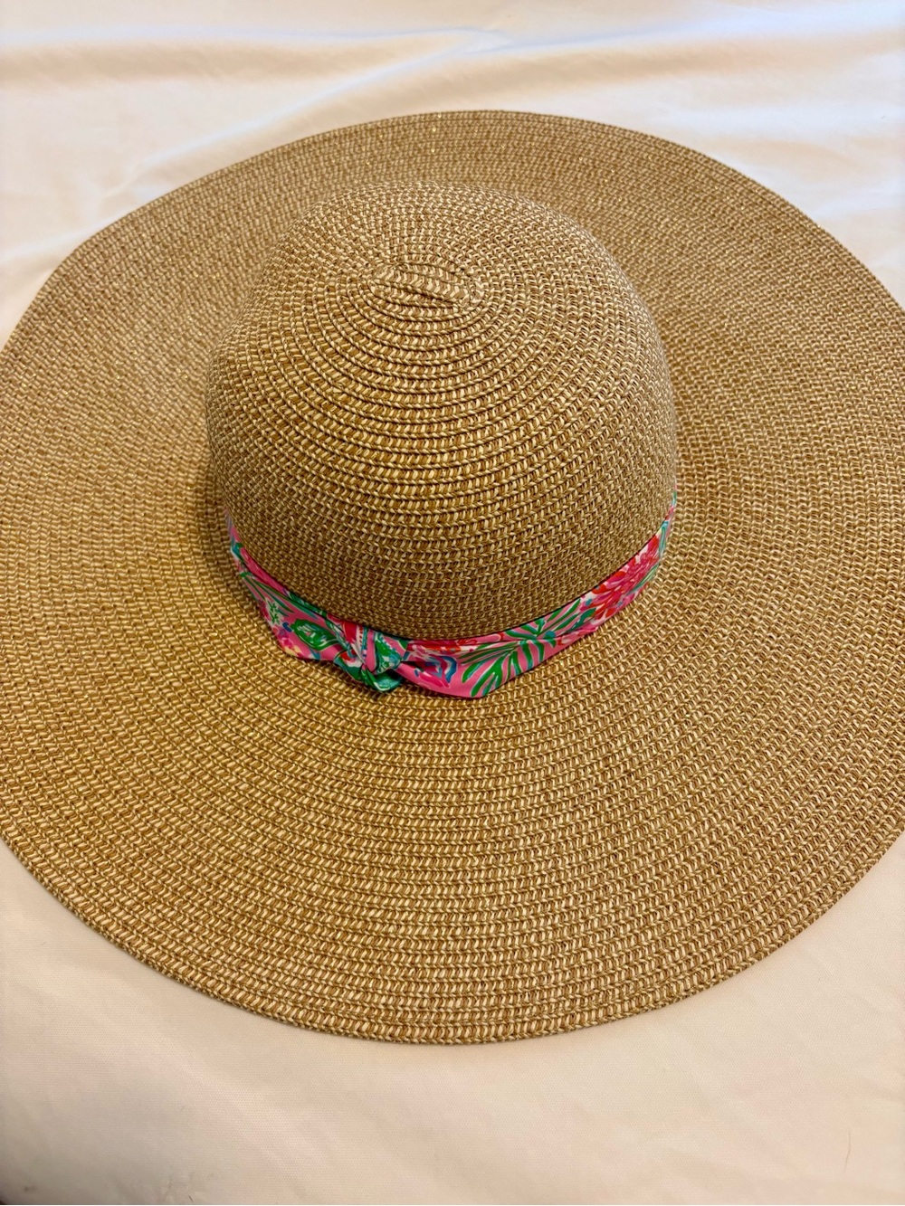 Lilly Pulitzer Natural Straw Sun Hat with Pink & Green Floral Band